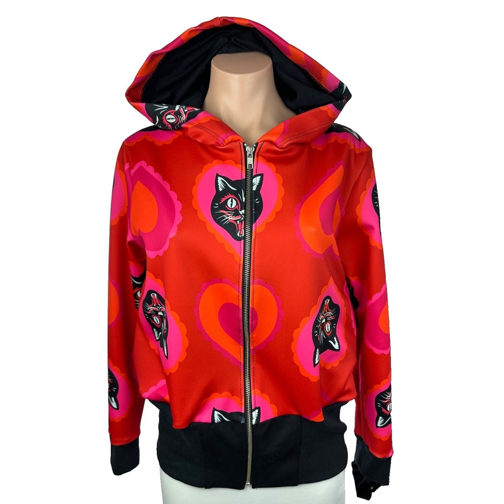 Blackbird Studios Hooded Jacket Size SP Cat Design Red/Pink Hearts Zip Front